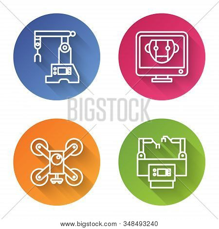 Set Line Assembly Line, Bot, Drone Flying With Action Camera And Assembly Line. Color Circle Button.