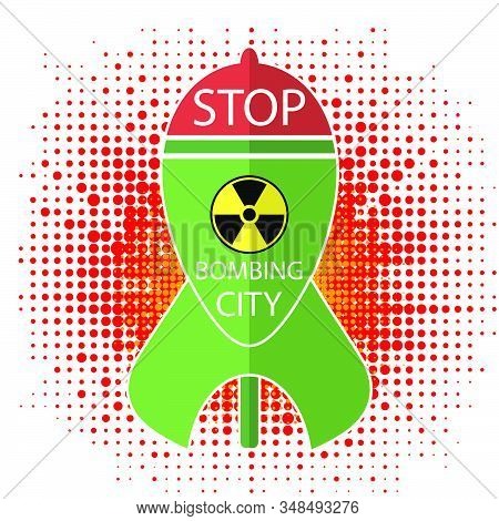 No War Sign On Halftone Background. Green Atomic Bomb With Radiation Sign On Red Background. Nuclear