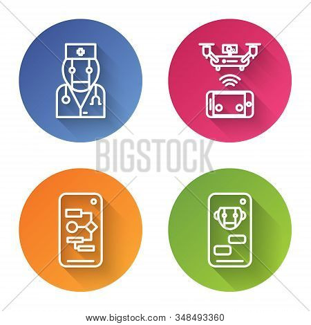 Set Line Robot Doctor, Remote Aerial Drone, Algorithm And Bot. Color Circle Button. Vector