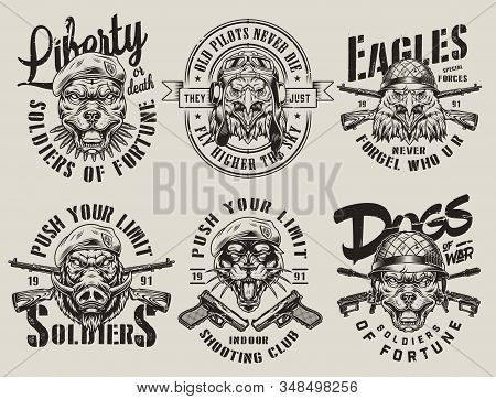 Vintage Military Monochrome Emblems With Weapons And Angry Pitbull Eagle Wild Boar Black Panther Hea