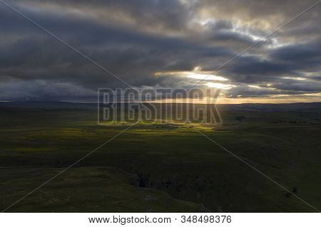 Drone Shot Of The Sun Tracing Across The Moorland Near Gordale Scar And Malham Cove In The Yorkshire