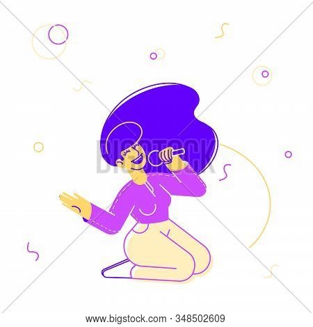 Woman Cheering, Dancing And Performing On Stage With Song Composition In Karaoke Bar. Artist Singing