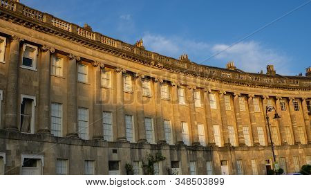 Late Summer Afternoon Light Royal Crescent, Bath, A Row Of 30 Terraced Houses Laid Out In A Sweeping
