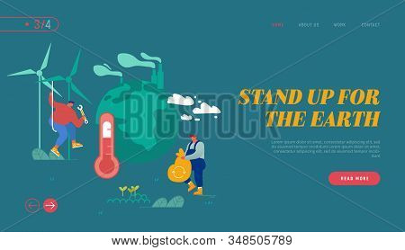 Global Warming Website Landing Page. Man Collect Garbage, Worker Set Up Windmills. People Care Of Pl