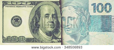$ 100 Bill And $ 100 Bill. Concept Of Crisis Between Brazil And The United States Of America, Top Do
