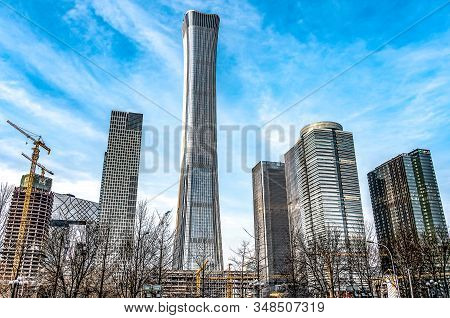 Bejing, China 24.022019: Central Business District Cbd City Skyline. Modern Skyscrapers In The Finan