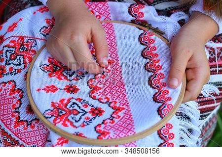 Girl Embroidery Rushnik.hands Of Girl Woman Female In Ukrainian Traditional Shirt Sewing Embroidery 