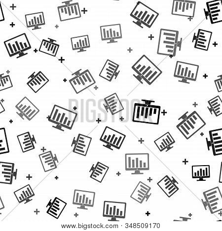 Black Computer Screen With Financial Charts And Graphs Icon Isolated Seamless Pattern On White Backg