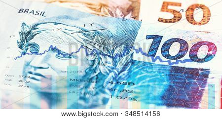 Money Banknotes Of Brazil, Brazilian Real. One Hundred, Fifty, Twenty, Ten, Five And Two Reais Notes