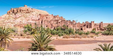 Panorama Of Fortified Village, Mud Brick Houses And Palm Trees, Ait Benhaddou, Morocco
