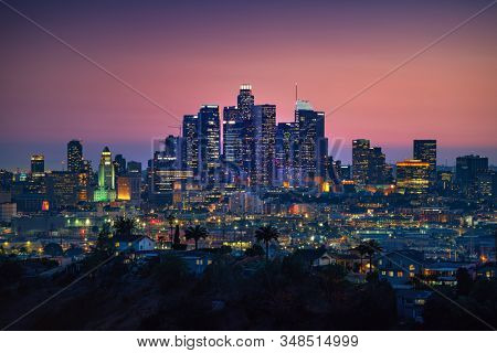 Los Angeles downtown silhouette at sunset. LAX most famous city of california. Typical view of the Los Angeles.