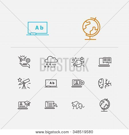 Elearning Icons Set. Meteorology And Elearning Icons With Globe, Telescope And Online Reading. Set O