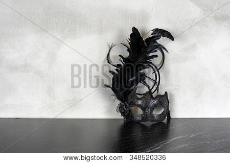 Black Venetian Carnival Mask On Grey Background, Front View Cope Space