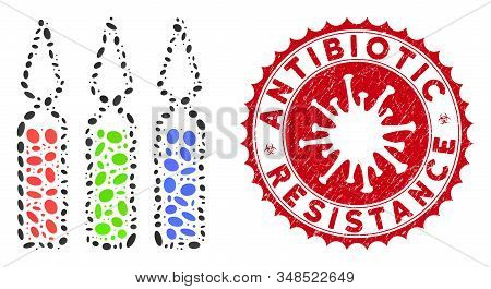 Mosaic Ampoules Icon And Red Rounded Grunge Stamp Seal With Antibiotic Resistance Caption And Corona