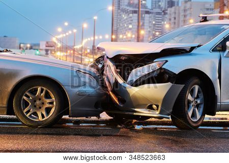 automobile crash accident on street. damaged cars