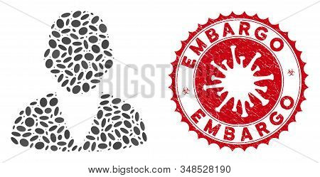 Mosaic Customer Icon And Red Rounded Corroded Stamp Seal With Embargo Phrase And Coronavirus Symbol.