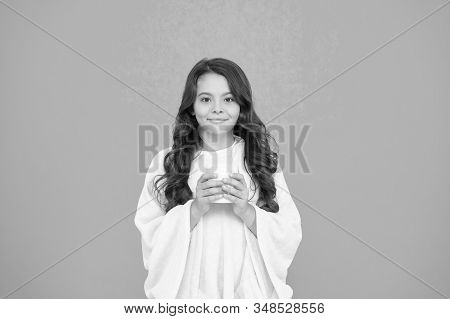 Feeling Comfy. Adorable Child On Turquoise Background. Hot Cocoa. Happy Morning. Comfy Outfit For We