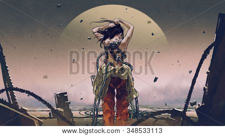 Scifi Concept Showing Back View Of Futuristic Woman Wearing A Spacesuit, Digital Art Style, Illustra