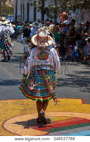 Arica, Chile - February 11, 2017: Tinkus Dance Group Dressed In Ornate Costumes Performing A Tinkus 