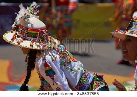 Arica, Chile - February 11, 2017: Tinkus Dance Group Dressed In Ornate Costumes Performing A Tinkus 