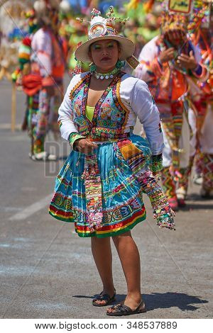 Arica, Chile - February 11, 2017: Tinkus Dance Group Dressed In Ornate Costumes Performing A Tinkus 