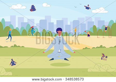In Between Work Meditation Help In Calm Place. Man In Business Suit Sit In Lotus Position On Lawn. B