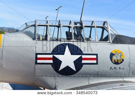 IRVINE, CALIFORNIA 31 JAN 2020: Closeup detail of an SNJ-5 Texan WWII era plane on display at the Orange County Great Park.