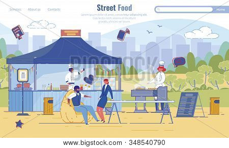 Flat Landing Page Offering Street Food Service. Happy Cafeteria Visitors Waiting For Order. Canteen 