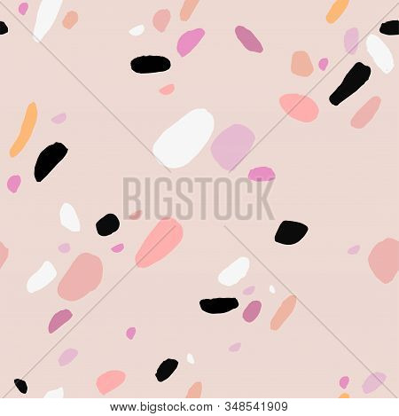 Hand Drawn Terrazzo Seamless Pattern With Natural Pink White And Black Colors. Trendy Vector Illustr