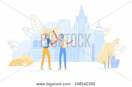 Senior Tourist Characters Watching Map In Abroad Trip, Traveling People With Backpacks Searching Rig