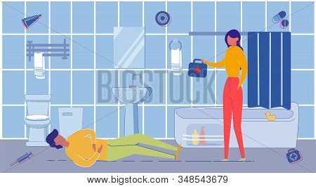 Man Laying On Floor With Strong Heart Attack Or Pain Bout And Woman Providing Emergency Medical Care