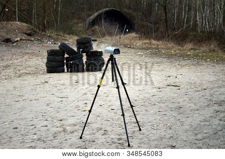 Ballistic chronograph (bullet speed chronograph). Unformal shooting range near Kiev. February 02, 2020. Kiev Region, Ukraine