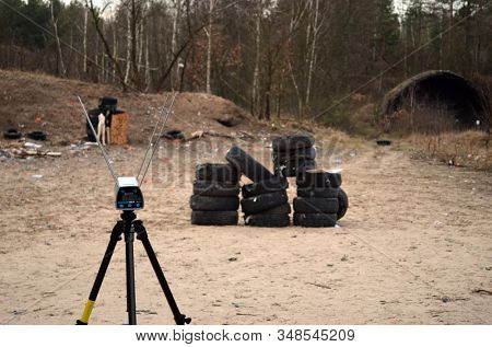 Ballistic chronograph (bullet speed chronograph). Unformal shooting range near Kiev. February 02, 2020. Kiev Region, Ukraine