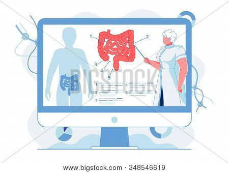 Intestinal Tract Study Flat Vector Illustration. Doctor, Professor Explaining Human Digestive System