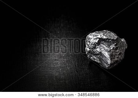 Big Big Silver Nugget On Black Background. Raw Silver Stone, Silver Nugget Native To Liberia, Isolat