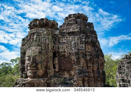 Bayon Faces At The Bayon, Prasat Bayon Richly Decorated Khmer Temple