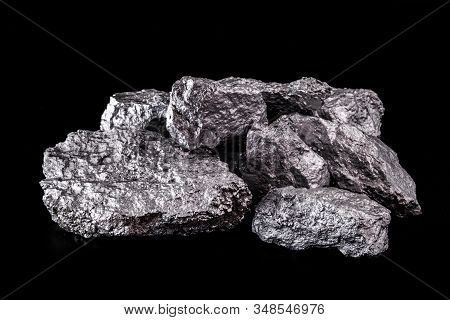 Large Silver Nugget On Black Background. Raw Silver Stone, Silver Nugget Native To Liberia, Isolated