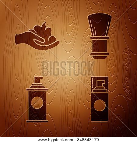 Set Shaving Gel Foam, Shaving Gel Foam On Hand, Shaving Gel Foam And Shaving Brush On Wooden Backgro