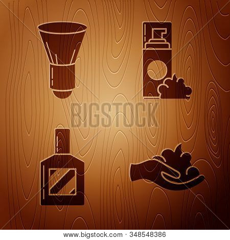 Set Shaving Gel Foam On Hand, Shaving Brush, Aftershave And Shaving Gel Foam On Wooden Background. V