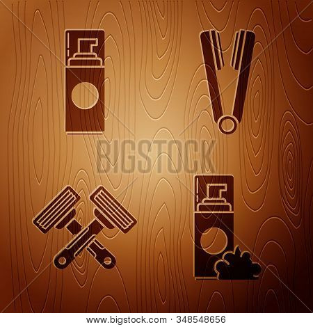 Set Shaving Gel Foam, Shaving Gel Foam, Crossed Shaving Razor And Curling Iron For Hair On Wooden Ba