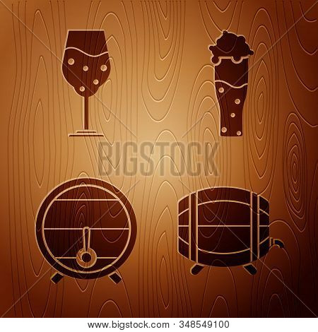 Set Wooden Barrel On Rack With Stopcock, Glass Of Beer, Wooden Barrel On Rack With Stopcock And Glas