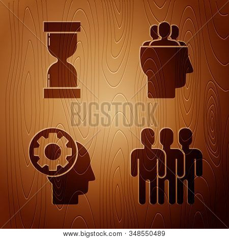 Set Users Group, Old Hourglass With Flowing Sand, Human Head With Gear Inside And Project Team Base 