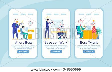 Bad Boss, Stress Onboarding Screen Flat Template. Adverse Office Atmosphere, Pressure. Shouting Chie