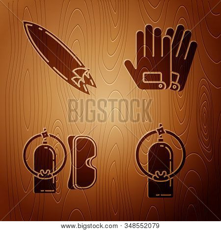 Set Aqualung, Surfboard, Diving Mask And Aqualung And Gloves On Wooden Background. Vector