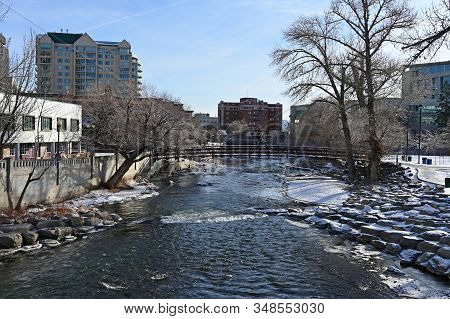 Reno, Nevada - January 17, 2020: Truckee River And Wingfield Park In Early Morning After Snowstorm.