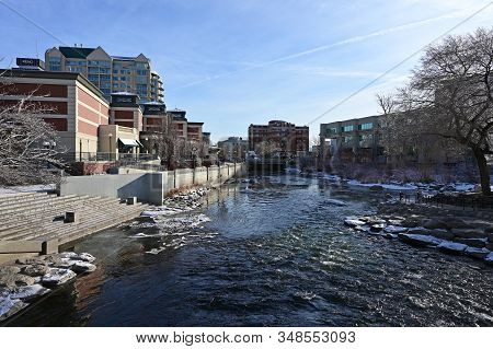 Reno, Nevada - January 17, 2020: Truckee River And Wingfield Park In Early Morning After Snowstorm.