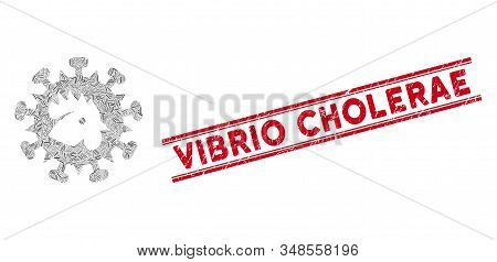 Mosaic Bird Flu Virus Icon And Red Vibrio Cholerae Seal Stamp Between Double Parallel Lines. Flat Ve