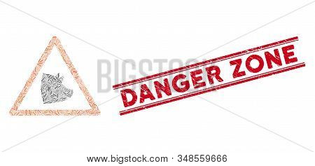 Mosaic Pork Warning Pictogram And Red Danger Zone Seal Stamp Between Double Parallel Lines. Flat Vec