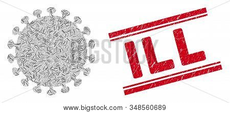 Mosaic Virus Shell Icon And Red Ill Stamp Between Double Parallel Lines. Flat Vector Virus Shell Mos
