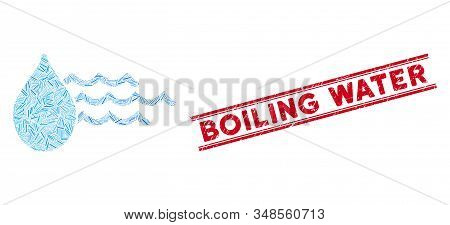 Mosaic Water Icon And Red Boiling Water Seal Stamp Between Double Parallel Lines. Flat Vector Water 